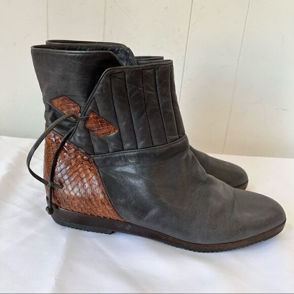 Designer Lorenzo Banfi Quilted Leather Snakeskin Slip On Boot Ankle Brown Sz 8.5 - Picture 6 of 12